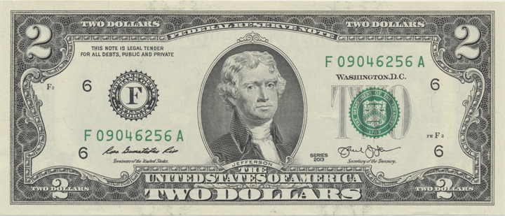 CША. Банкноты номиналом в 1 и 2 доллара серии 2013 года